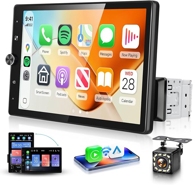 10.4'' Single Din Car Stereo with Wireless CarPlay Android Auto, HD Rotation Touchscreen Radio with Bluetooth, USB, Mirror Link, SWC, Car Play, FM/RDS Radio, Backup Camera