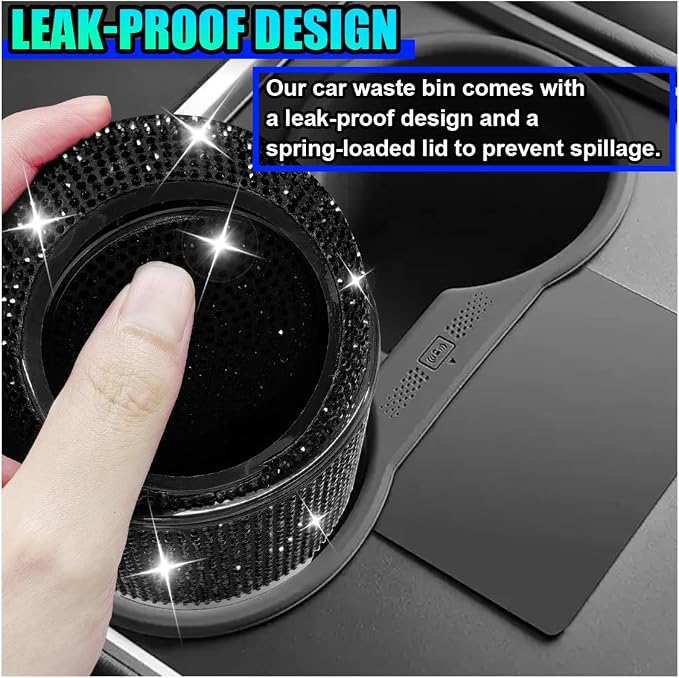 Bling Car Trash Can with Lid, Rhinestone Leakproof Waterproof Auto Cup Holder Garbage Bin, Portable Multipurpose Vehicle Dustbin and Organizer for Home Office Kitchen Bedroom (Black)