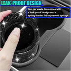 Bling Car Trash Can with Lid, Rhinestone Leakproof Waterproof Auto Cup Holder Garbage Bin, Portable Multipurpose Vehicle Dustbin and Organizer for Home Office Kitchen Bedroom (Black)