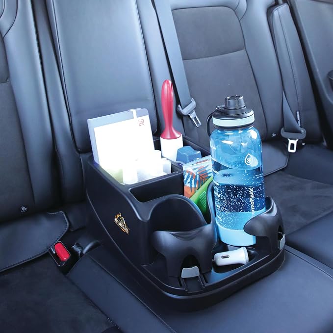 Car Console Organizer, Car Seat Organizer with 2 Adjustable Cup Holders, 3 Large Storage Compartments, Seatbelt for Secure Hold, Vehicle Middle Seat Organizer for Cars, Trucks, Minivans