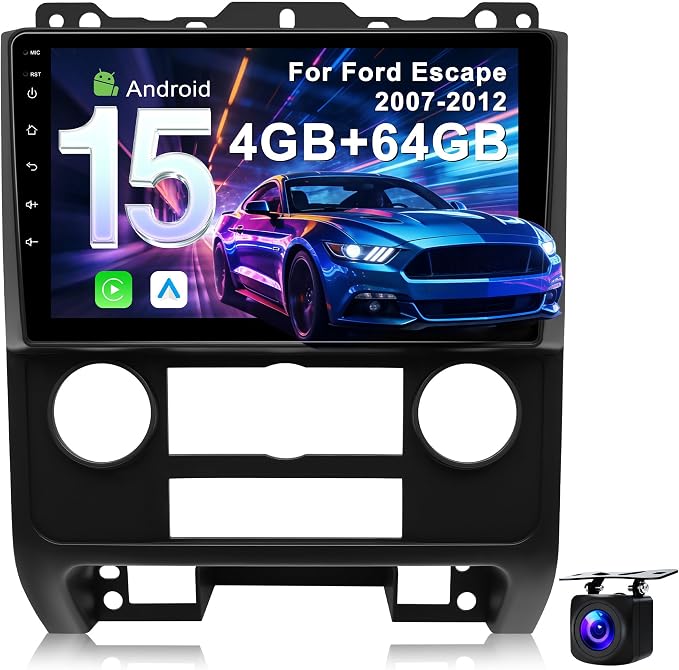 4G+64G Car Radio Stereo for Ford Escape 2007-2012: Upgrade Android 15 9" Touchscreen Head Unit Wireless CarPlay Android Auto, BT 5.4, WiFi 6, GPS, FM, RDS, EQ, SWC, 1080P Backup Camera