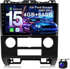 4G+64G Car Radio Stereo for Ford Escape 2007-2012: Upgrade Android 15 9" Touchscreen Head Unit Wireless CarPlay Android Auto, BT 5.4, WiFi 6, GPS, FM, RDS, EQ, SWC, 1080P Backup Camera