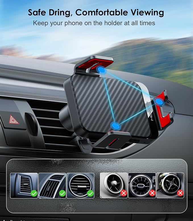 Wireless Car Charger, 15W Fast Charging Auto-Clamping Phone Mount Air Vent Cell Phone Holder Compatible with iPhone 16 15/14/13/13 Pro/12 pro/12, for Samsung Galaxy S23/S22/S21/S20, Red