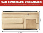 Car Sun Visor Organizer, Scratch-Resistant Auto Visor Glasses Storage Bag with Multi-Pocket Net Zipper, Waterproof Leather Sunshade Organizer Card Holder for Most Vehicles (Beige)