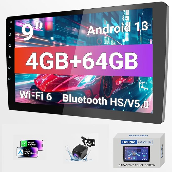 9 Inch Android Car Stereo Double Din, Wireless CarPlay & Android Auto, Universal Touch Screen Car Stereo with WiFi 6, Bluetooth, GPS, Backup Camera, 4+64GB, FM/AM Radio