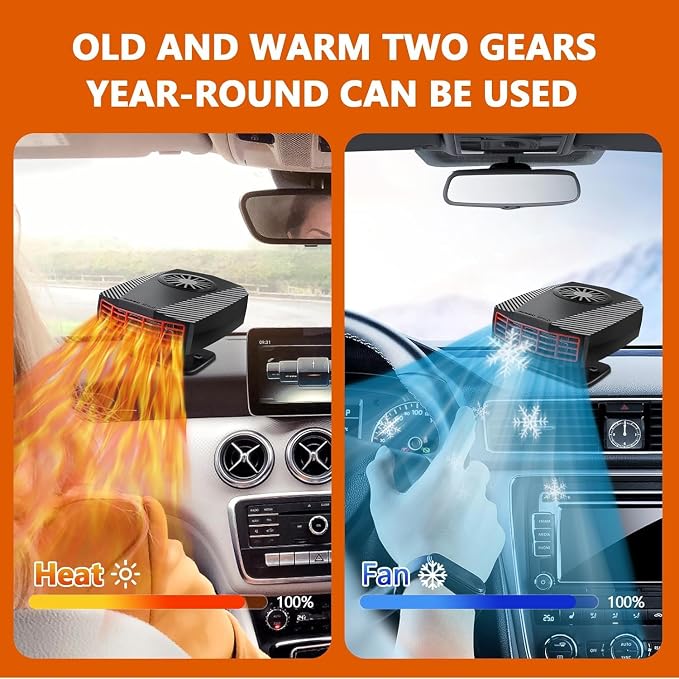 12v 200W Car Heater, Portable Car Heater and Defroster, Windshield Defogger, 12 Volt That Plugs Into Cigarette Lighter, Calenton para Carro, 360° Rotation (Black)