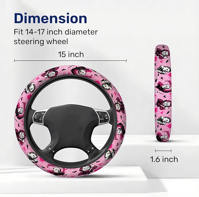 Pink Retro Horror Mask Steering Wheel Cover, Non-Slip Polyester Wheel Grip, Universal 15 Inch Car Accessory