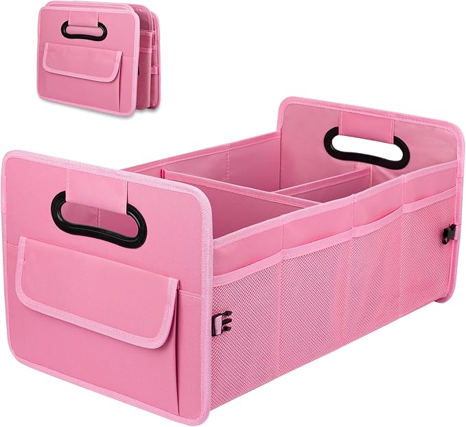 Car Trunk Organizer, Car Organizers and Storage Collapsible Multi Compartment Container Box, Adjustable Car Accessories for SUV Sedan Truck, Large Size, Pink