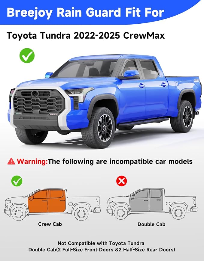in-Channel Window Rain Guards Fit for Toyota Tundra 2022 2023 2024 2025 2026 CrewMax, Extra Durable Visors Vent Visors Window Deflector Vent Shades Truck Car Accessories -4 pcs