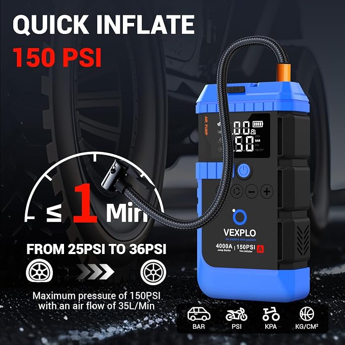 VEXPLO Jump Starter with Tire Inflator Portable Roadside Emergency Car Kit | 4000A Car Battery Jumper Start (9.0Gas/8LDiesel) 150PSI Auto-Off Tire Inflator 45W Fast Charger 8-in-1 Emergency Roadside Kit