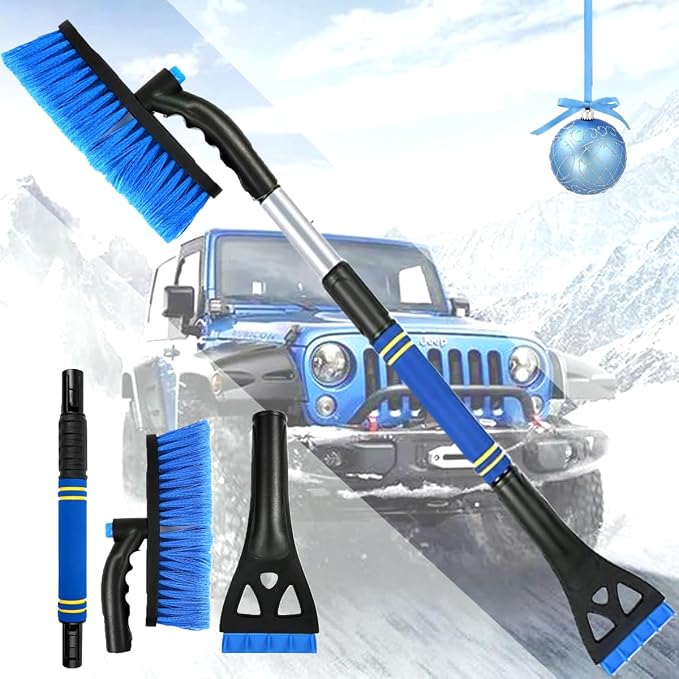 Extendable Snow Brush & Ice Scraper for Car Windshield – 25" to 31.5" Telescoping Handle, Scratch-Free Bristles, Foam Grip, for Cars, Trucks & SUVs (Blue)