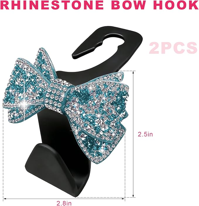 2PCS Bling Bow Car Seat Headrest Hooks, S-Type Crystal Auto Rear Seat Organizer for Handbags Purses Groceries, Cute Rhinestone Bow Seats Back Storage Hook for SUV Truck Sedan (Light Blue)