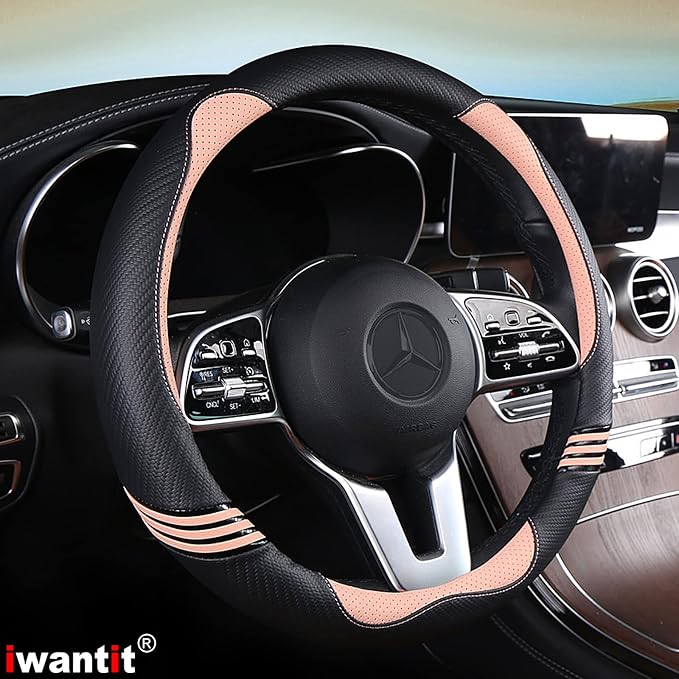 Steering Wheel Covers with Carbon Fiber, Universal Fit 14.5-15 inches for Cars,SUV (Romantic Pink)