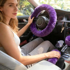 Fluffy Steering Wheel Cover 3PCS Set – Plush Fuzzy Fur Steering Wheel Cover with Gear Shift Cover & Handbrake Cover, Winter Warm Car Accessories, Car Interior Accessories for Women (Purple)