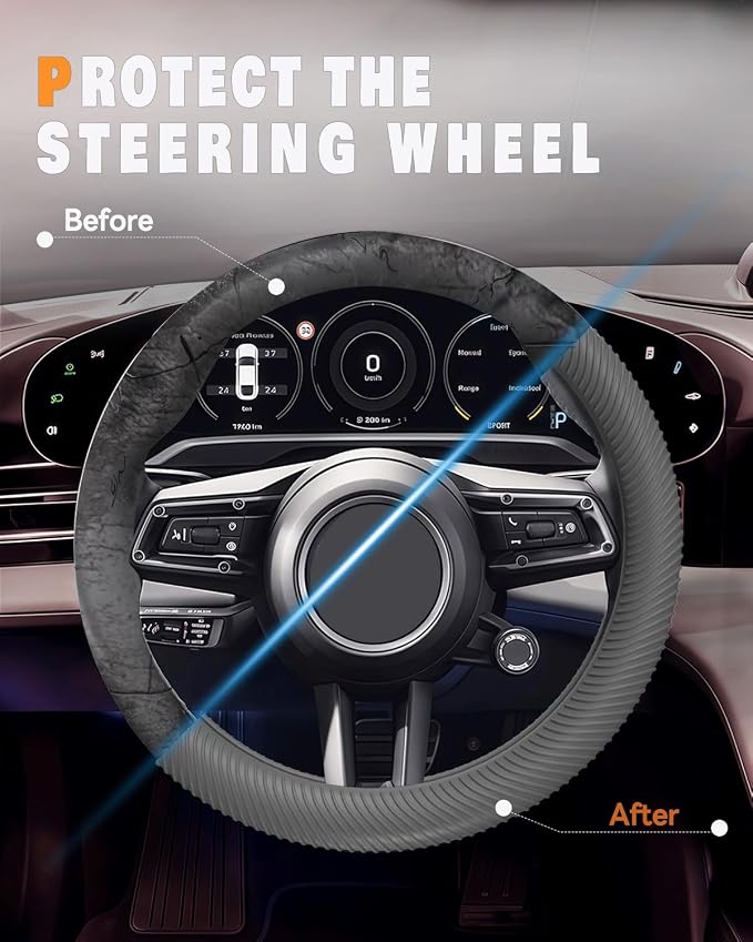 Car Steering Wheel Cover, Thin Anti-Skid Silicone Steering Wheel Cover for Men & Women, Universal Automotive Interior Accessories for Most Cars (Grey)