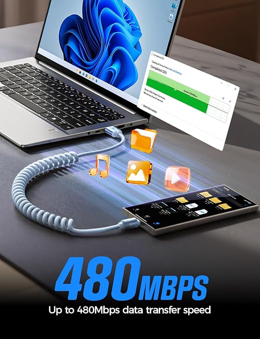 Coiled USB C Cable, 2 Pack for Android Auto & CarPlay Cable, Short USB A to USB C Cable Compatible with iPhone 17/16/15, Samsung Galaxy S25/S24/S23 A15/A14, Google Pixel 9/8, Blue 4FT