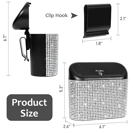 Bling Car Trash Can with Lid, Mini Auto Garbage Storage Bin with 60pcs Garbage Bags, Sparkling Crystal Trash Bags Holder Dustbin Vehicle Accessories Container Organizer (White Rhinestone)