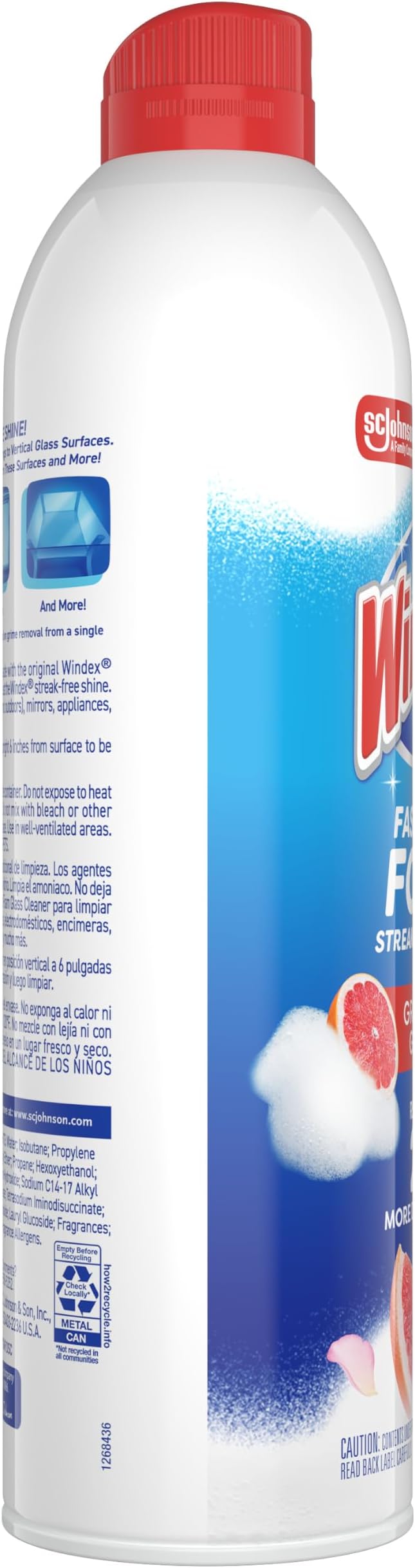 Fast Shine Foam Glass Cleaner, No-Drip Windows, Doors, Mirrors, Countertops Aerosol Cleaning Spray, Streak-Free Shine, Removes Fingerprints, Dust, Dirt, Grapefruit Scent, 19 oz (Pack of 6)