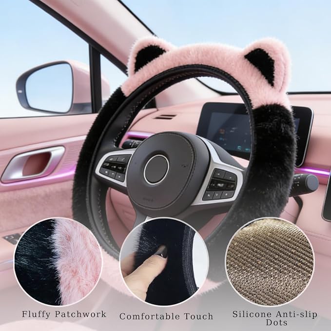 Fluffy Car Steering Wheel Cover with Cute Ears Fit 14"-15" Black and Pink | Steering Wheel Covers with Keychain Universal Elastic Steering Wheel Protector Accessories for Women Girls