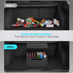 Leather Car Trunk Organizer with Lid,65L Foldable Storage Box for Universal Cars, SUVs, Sedans and MPVs, Removable Divider, Carry Handles, Black
