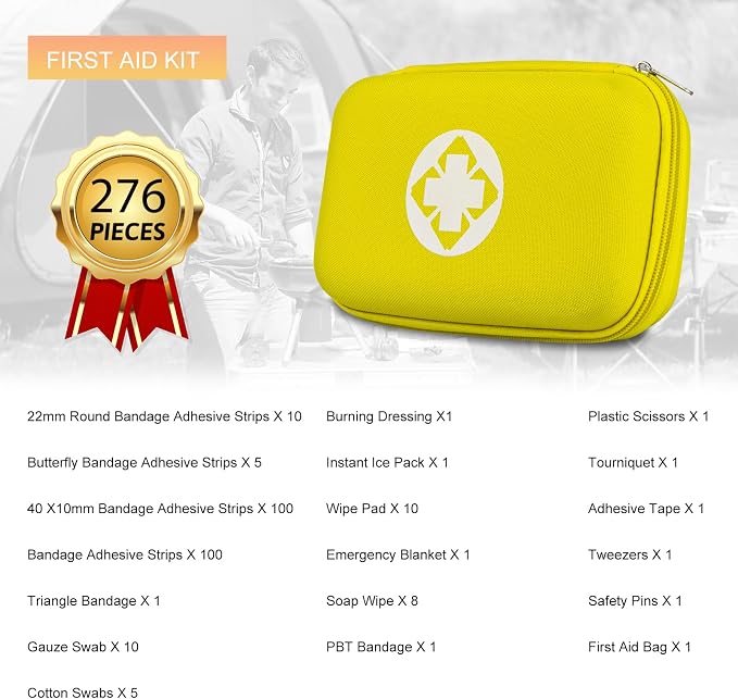 276PCS Hiking First Aid Kit for Home Personal Emergency Supplies Compact Bag for Backpack, First Aid Essentials Survival Kit for Business Travel Car Yellow