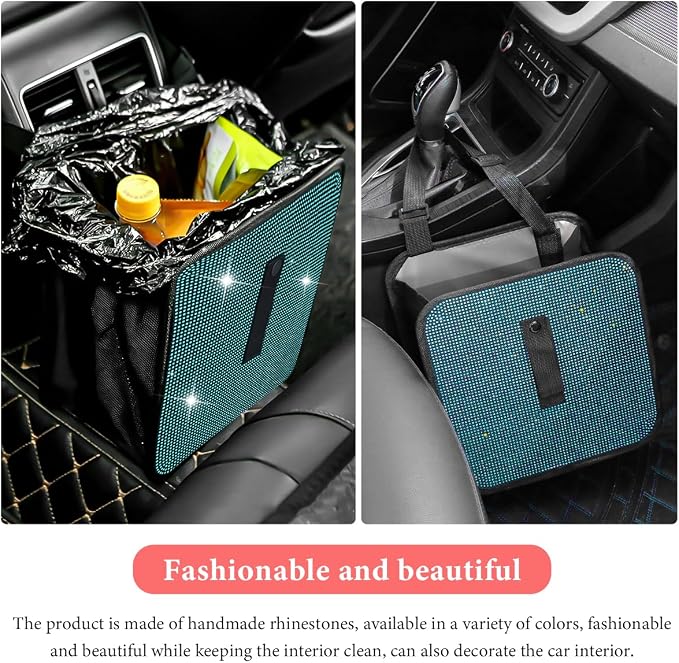 Car Foldable Trash Can, Bling Rhinestone Oxford Garbage Container Hanging Waterproof Organizer, Mini Crystal Dustbin Waste Basket Leakproof Trash Bin for Car Office Kitchen (Lake Blue)
