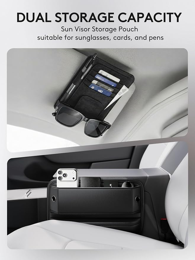 Car Seat Gap Filler Organizer with Sun Visor Organizer, PU Leather Seat Gap Filler for Phone, Keys, Cards & Sunglasses, Front Seat Storage Side Pocket for Cars SUVs Trucks
