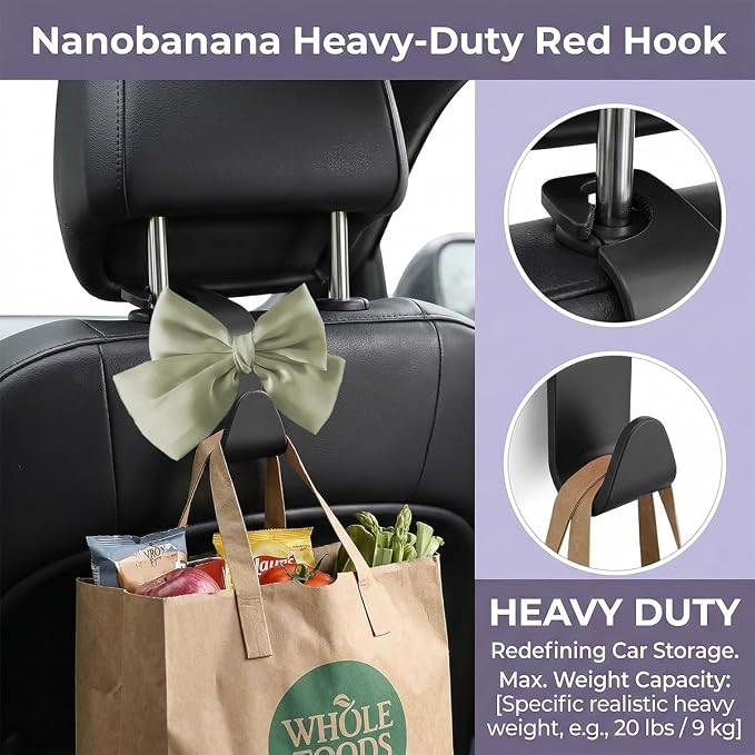 2PCS Car Seat Headrest Hook, Cute Bow Stylish Seat Back Purse Handbag Hanger Organizer, Multi-Purpose Auto Backseat Storage Hook Holder for Umbrella Coat Bag, Universal Fit (Green)