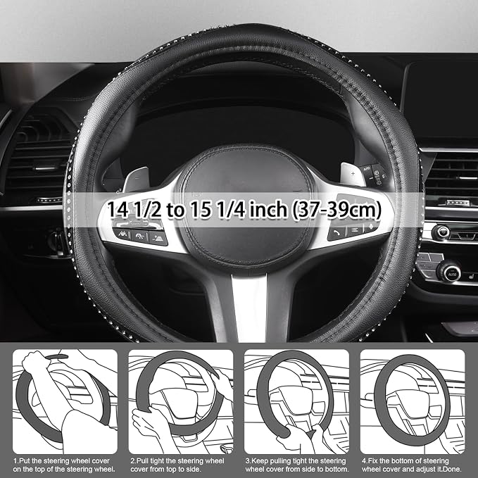 Bling Steering Wheel Cover - Crystal Studded Rhinestone Non-Slip Breathable Design for Women/Girls, Universal Fit 14.5-15 Inch Black