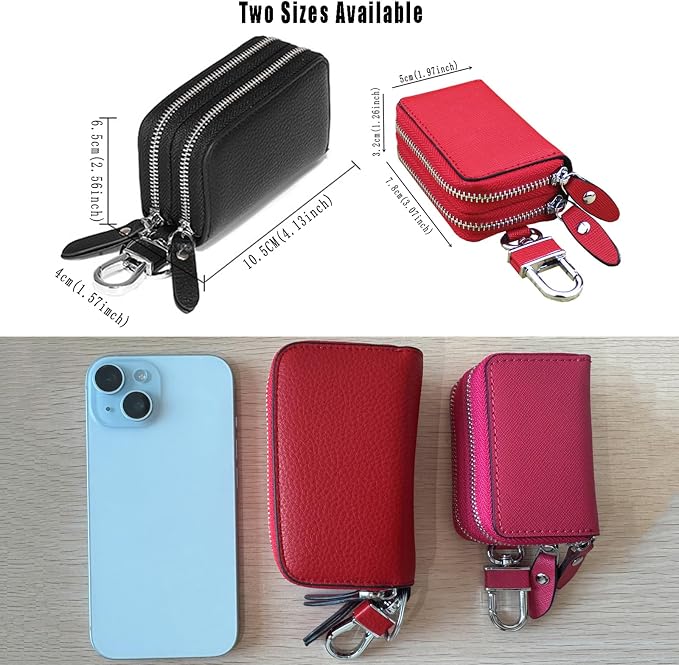 Car Key Fob Holder for Women, Genuine Leather Car Key Case Keychain Holder Metal Hook and Keyring Zipper, 2 Sides Pocket