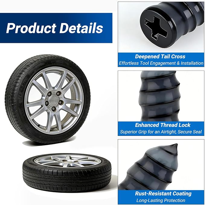 Tire Repair Rubber Nail Kit, Premium Spiral Screw-in Tire Plugs with 2 Sizes, Emergency Roadside Flat Tire Fix Tool for Car Truck Motorcycle Tractor ATV SUV - Fast Self Service Repair, 61 PCS