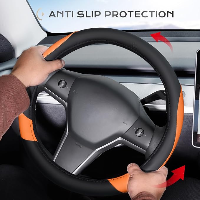 Coverado Car Steering Wheel Cover, Nappa Leather Black & Orange Steering Wheel Covers for Women, Universal 14-15 inch, Anti-Slip, Breathable Steering Wheel Protector