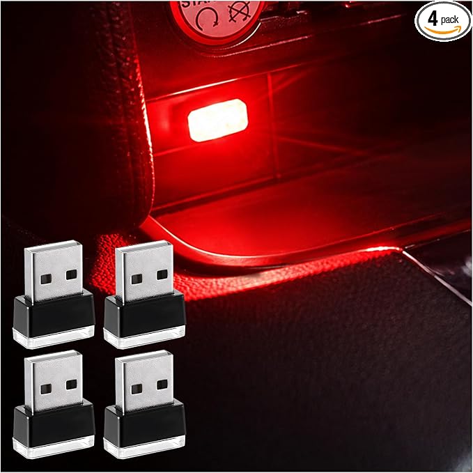 4 PCS USB LED Car Interior Atmosphere Lamp, Plug-in USB Decor Night Light, Portable Auto Ambient Lighting Kit, Universal Vehicle Interior Accessories for Most Cars (Red)