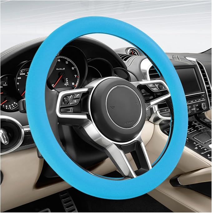 Car Steering Wheel Cover, 13 to 14.17 inches Anti-Slip Silicone Steering Wheel Protector, Soft Flexible Shock-Absorbent Steering Wheel Protective Cover for Most Car Models (Blue)