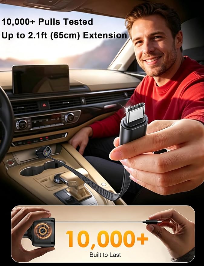 215W Retractable USB-C Car Charger, [PD 65W Laptop Fast Charging] 4 in 1 Cigarette Lighter Adapter, Socket Splitter with Multi Port, 12V Car USB Charger Adapter for iPhone 17 Pro Max, MacBook, GPS