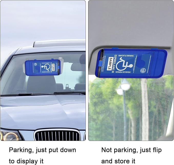 Handicap Placard Holder for Auto, Disabled Parking Permit Sign Protector for Car Sun Visor with Note Paper Slot, Pen Holder and Elastic Strap - Blue