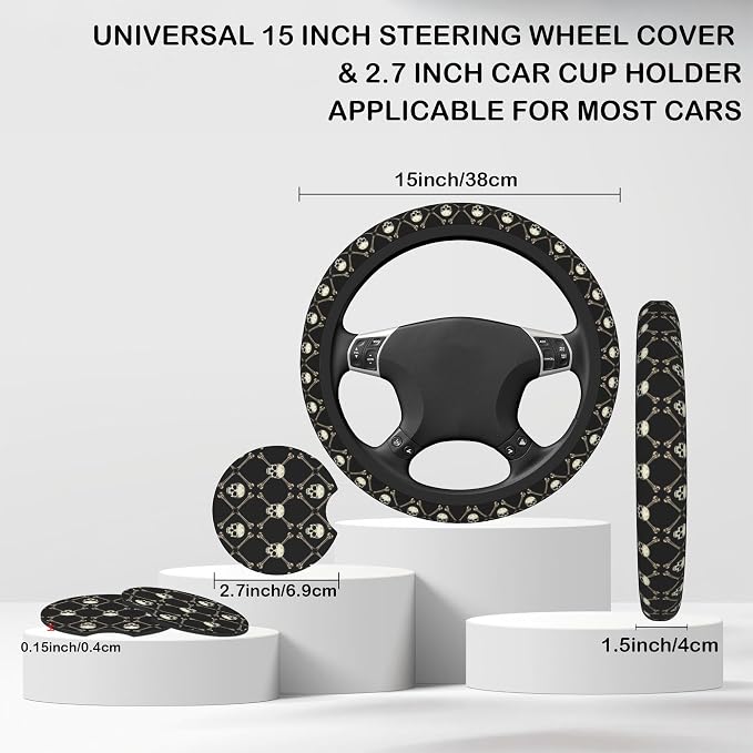 Skulls and Bones Steering Wheel Cover for Women, Anti-Slip Car Steering Wheel Cover with 2 Pcs Cup Holders Neoprene Breathable Car Accessories Universal 15 Inch Auto Interior Decor