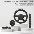 Skulls and Bones Steering Wheel Cover for Women, Anti-Slip Car Steering Wheel Cover with 2 Pcs Cup Holders Neoprene Breathable Car Accessories Universal 15 Inch Auto Interior Decor