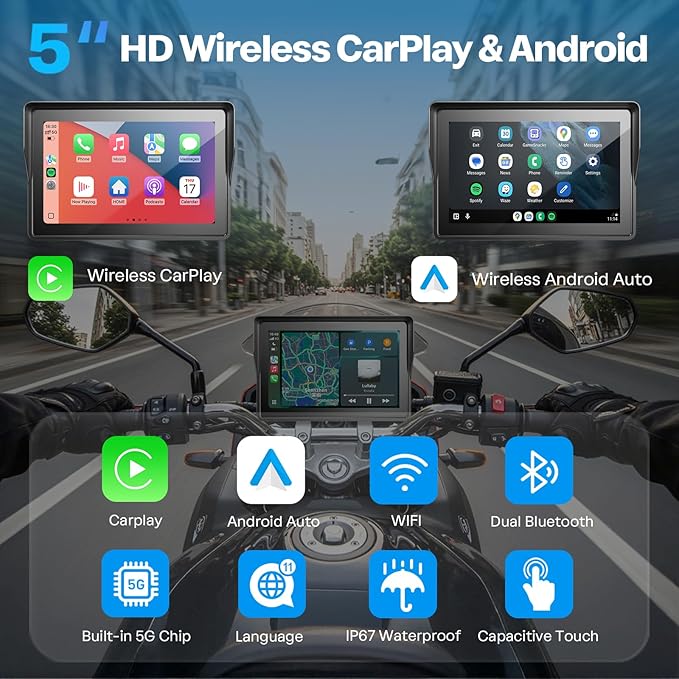 5 Inch Motorcycle Carplay GPS Navigation System with Apple Carplay and Android Auto Portable Screen with Dual Bluetooth, Navigation, Siri, Google Assistant（Not Inchluded TPMS）