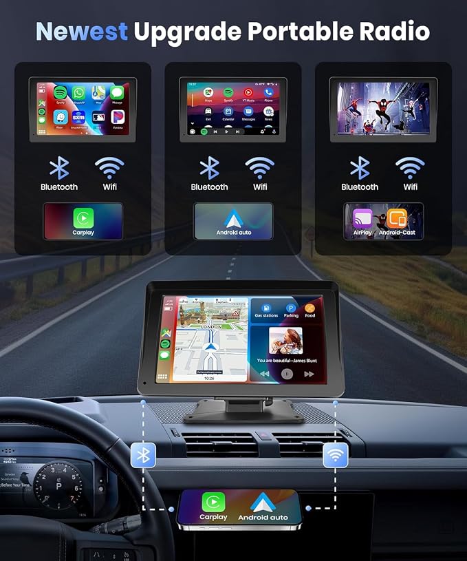 Portable Car Stereo Wireless Carplay Android Auto,7 Inch Touch Screen Car Radio with Bluetooth Hands-Free/Mirror Link/Maps Navigation/Voice Control/TF Card/AUX,for Cars, Trucks, SUVs