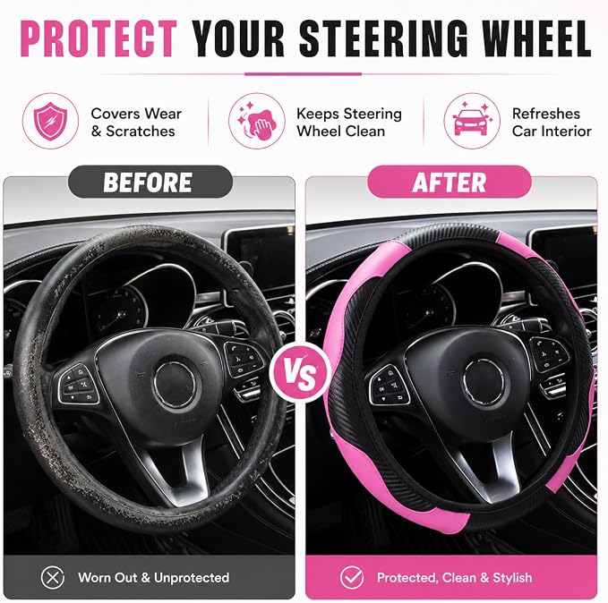 Car Steering Wheel Cover 15 inch, Microfiber PU Leather Elastic Steering Wheel Protector, Anti-Slip Breathable Car Interior Accessories for Most Cars (Pink)