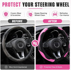 Car Steering Wheel Cover 15 inch, Microfiber PU Leather Elastic Steering Wheel Protector, Anti-Slip Breathable Car Interior Accessories for Most Cars (Pink)