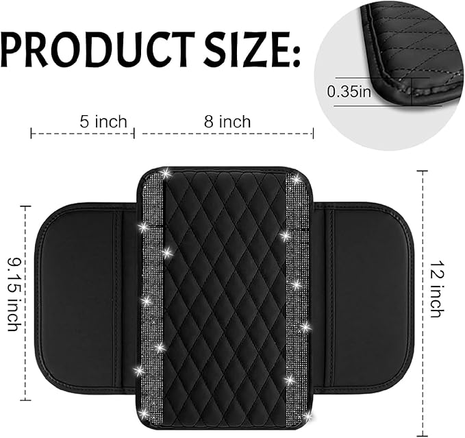 Bling Car Center Console Cover, Leather Car Arm Rest Cover Cushion with 2 Storage Bags, Universal Automotive Armrest Protector Storage Box, Bling Accessories Interior for Most Vehicles (Black)