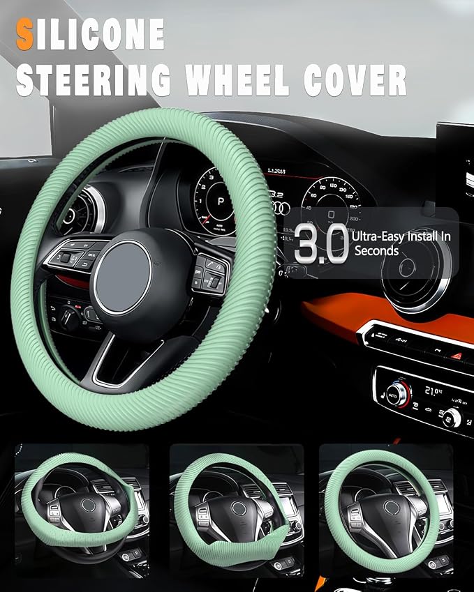 Car Steering Wheel Cover, Thin Anti-Skid Silicone Steering Wheel Cover for Men & Women, Universal Automotive Interior Accessories for Most Cars (Light Green)