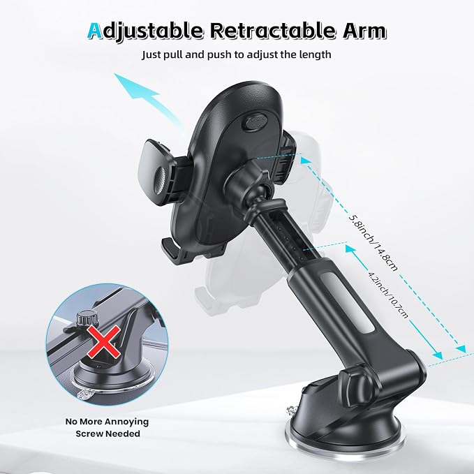 Suction Cup Phone Holder Windshield/Dashboard/Window, Suction Cup Car Phone Mount with Strong Sticky Gel Pad, Compatible with iPhone, Samsung & All Cellphones, Matte Black