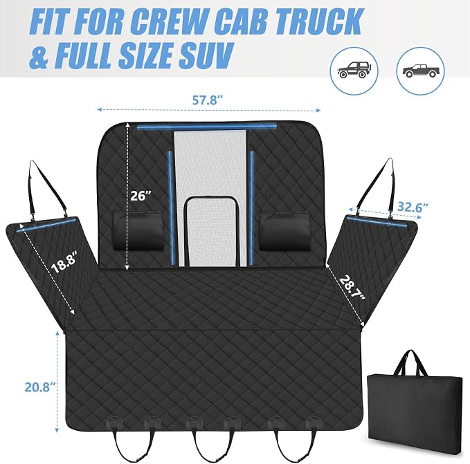 Back Seat Extender for Dogs Truck-Large Space, Hard Bottom High Barrier Truck Dog Seat Cover 420lb, Waterproof Pet Dog Hammock for Crew Cab Trucks F150, RAM1500, Sierra, Tundra, Silverado