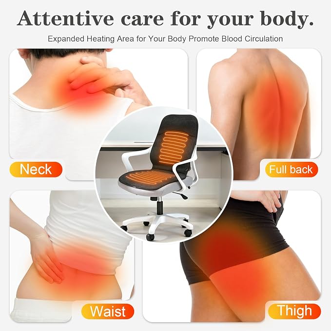 Black Heated Seat Cushion for Office Chair, Heated Seat Warmer for Pain Relief with 3 Heat Levels, Chair Seat Pad for Back, Waist, HIPS Home Office Use, Warm Christmas Holiday Gift for Winter