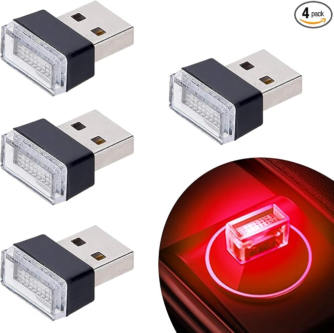 4Pcs Red USB Car Interior Atmosphere Lamps, Universal Mini Led USB Lights for Car Decoration, Lighting
