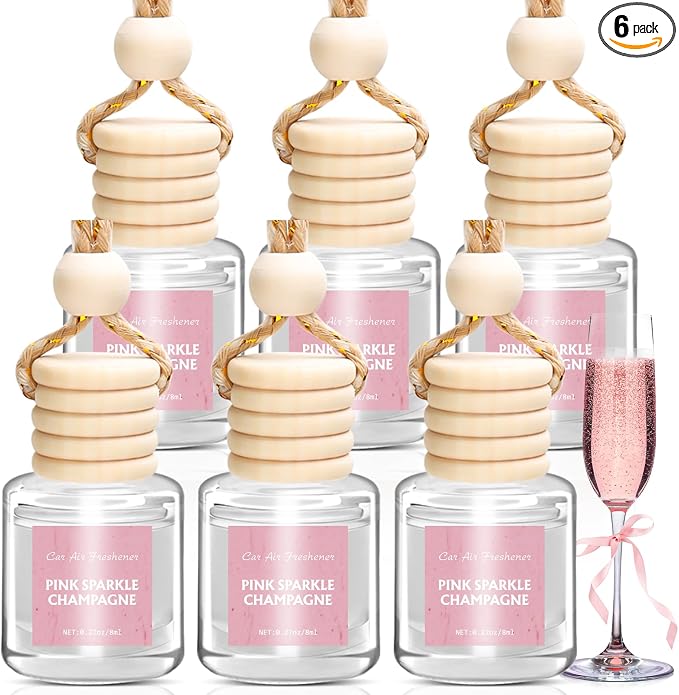 Car Air Freshener - Pink Sparkle Champagne Fragrance, 6 Pack Long Lasting Essential Oil Fragrance Diffuser, Hanging Cute Automotive Perfumes Interior Decor, Pink Car Accessories for Women & Men