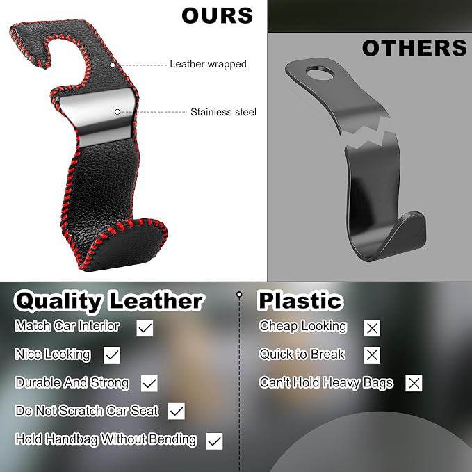 Car Seat Hooks for Purses and Bags, 4 Pack Car Purse Holder for Grocery Bag Handbag Clothes, Metal Headrest Hooks Covered by Leather, Black Red